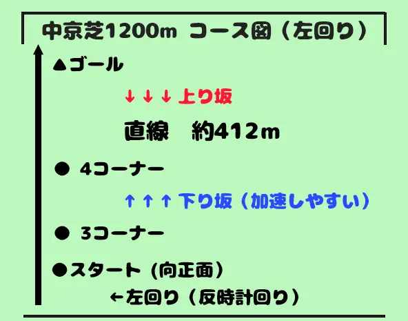 中京芝1200mのコース図|直線412mと上り坂・3〜4コーナーの下り坂の特徴を示した図解