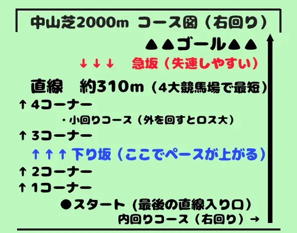 中山競馬場芝2000mのコース図解(直線310m・下り坂でペース上昇・急坂あり)
